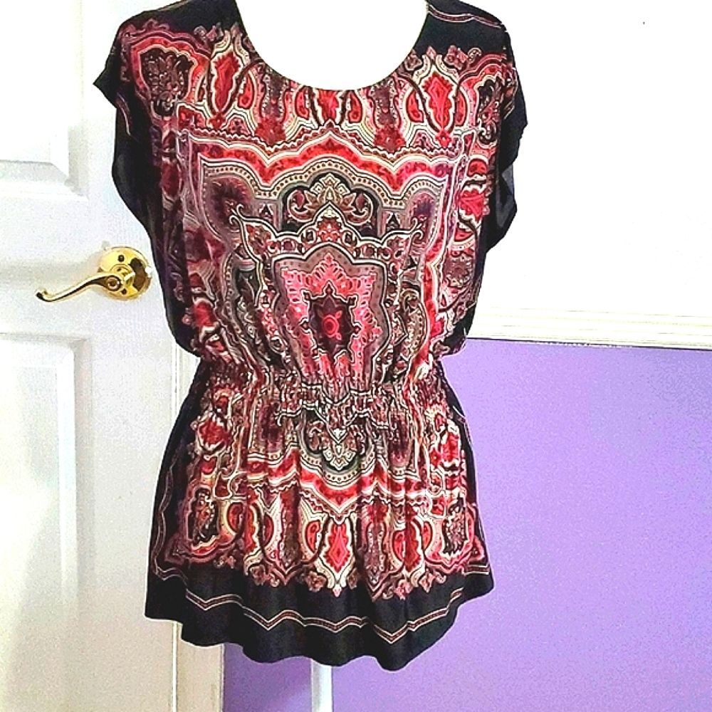 Black & Dark Red Boho Print Boat Neck Y2K Hippie Top L